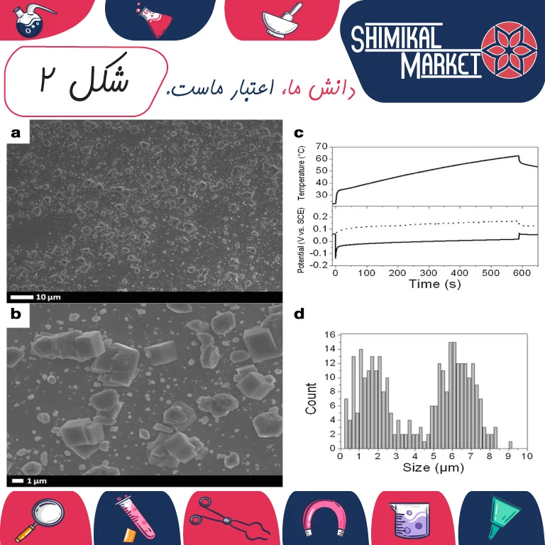 تصاویر نمایندهٔ SEM با بزرگنمایی کم (a) و زیاد (b) از ذرات مس رسوبگذاریشده بهمدت ۱۰ دقیقه روی نیکل تحت گرمایش القایی پیوسته (۳۵۰ وات / ۱۹۸ کیلوهرتز).